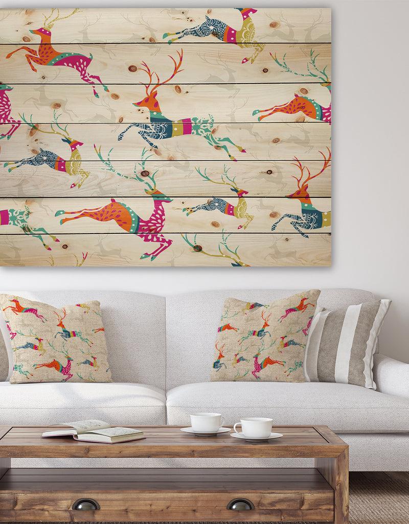 DesignQ Patterned frolicking Christmas Reindeers - Print on Natural Pine Wood