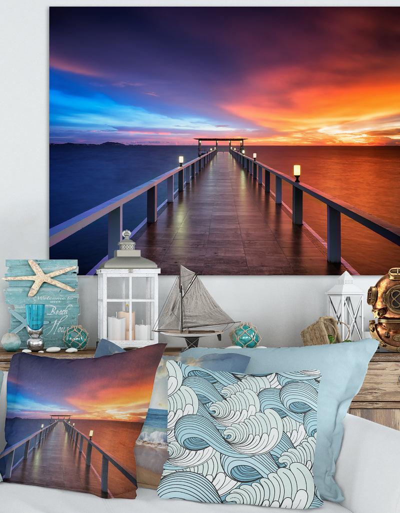 DesignQ Picturesque Seashore with Long Pier - Sea Pier Wall Art Canvas Print