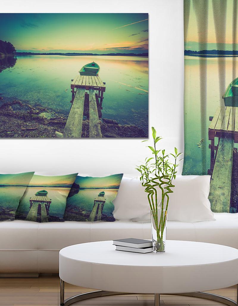DesignQ Pier and Boat in Vintage Lake - Boat Canvas Artwork