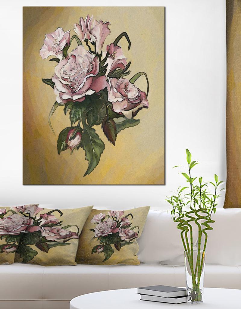DesignQ Pink Rose With Leaves Watercolor - Floral Canvas Artwork Print