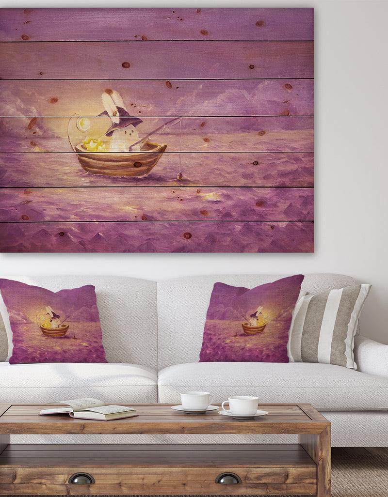 DesignQ Rabbit catches stars in the sea - Sea & Shore Painting Print on Natural Pine Wood