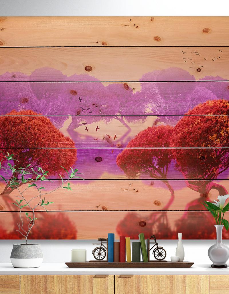 DesignQ Red and Purple Japanese Gardens - Landscape Print on Natural Pine Wood