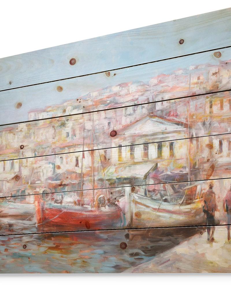 DesignQ Red Boads In Vintage Village - Sea & Shore Painting Print On Natural Pine Wood