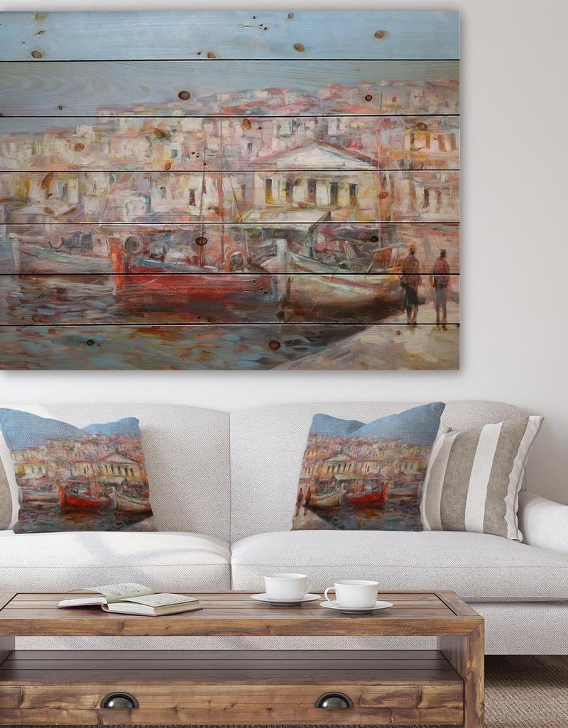 DesignQ Red Boads In Vintage Village - Sea & Shore Painting Print on Natural Pine Wood