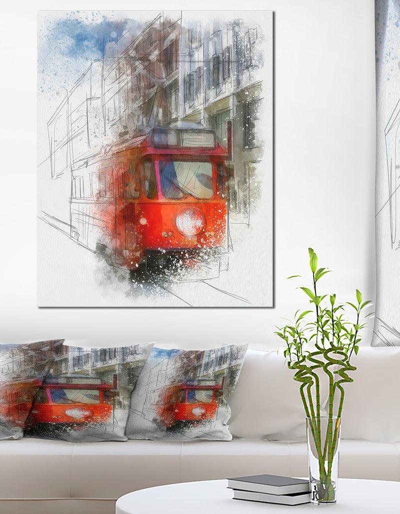 DesignQ Red Trolley Car Watercolor Sketch - Large Cityscape Artwork on Canvas