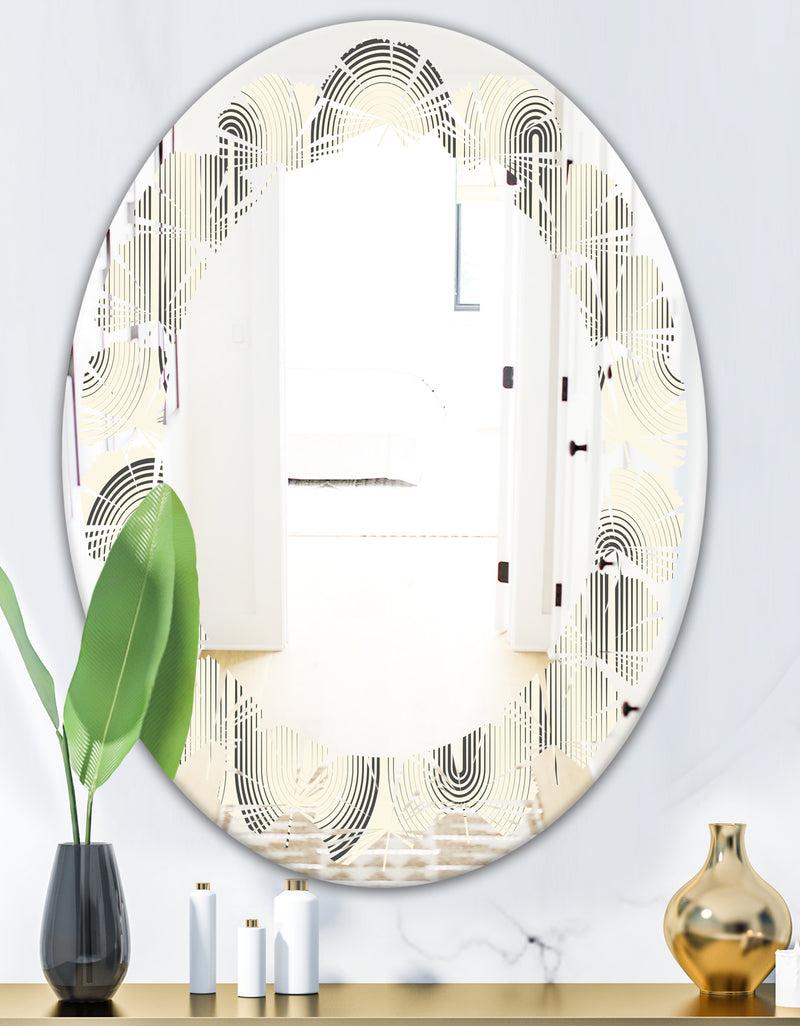 DesignQ Retro Curved Minimal Geometric Ornament I - Modern Round Or Oval Wall Mirror - Leaves