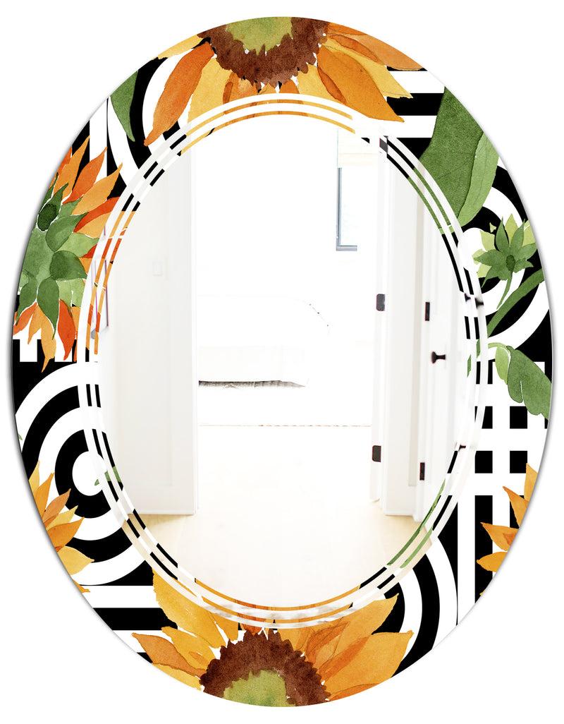 DesignQ Retro Floral Botanical II - Modern Round Or Oval Wall Mirror - Triple C