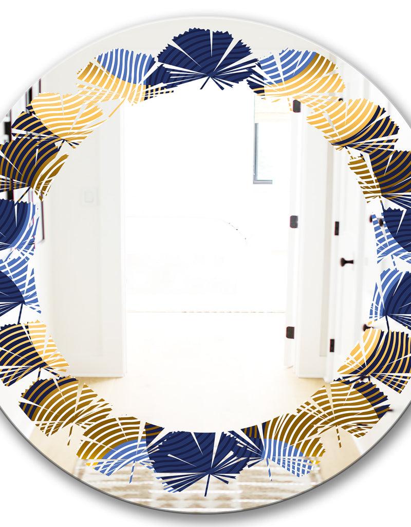 DesignQ Retro Luxury Waves In Gold And Blue II - Modern Round Or Oval Wall Mirror - Leaves