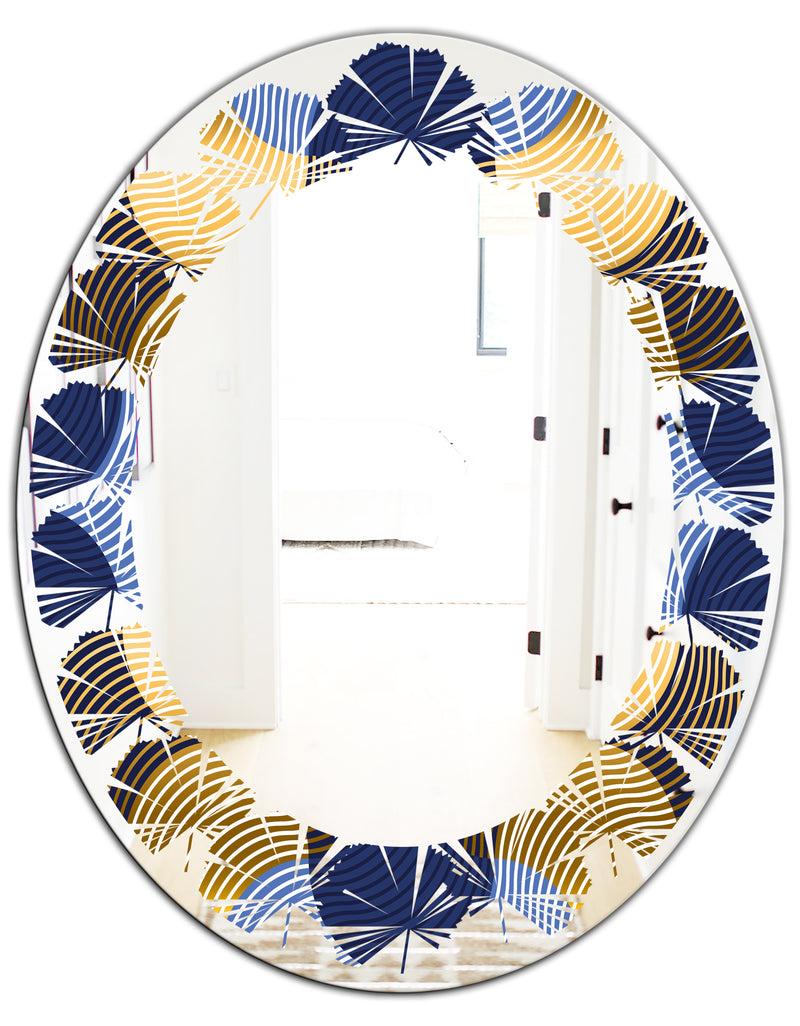 DesignQ Retro Luxury Waves In Gold And Blue II - Modern Round Or Oval Wall Mirror - Leaves