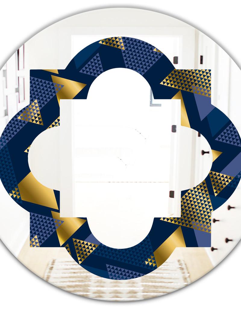DesignQ Retro Luxury Waves In Gold And Blue IX - Modern Round Or Oval Wall Mirror - Quatrefoil