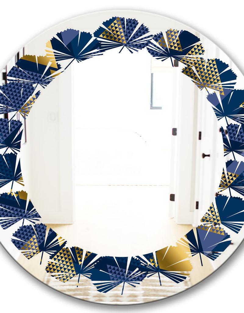 DesignQ Retro Luxury Waves In Gold And Blue IX - Modern Round Or Oval Wall Mirror - Leaves