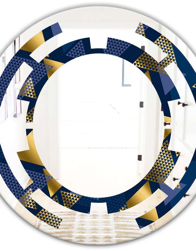 DesignQ Retro Luxury Waves In Gold And Blue IX - Modern Round Or Oval Wall Mirror - Space