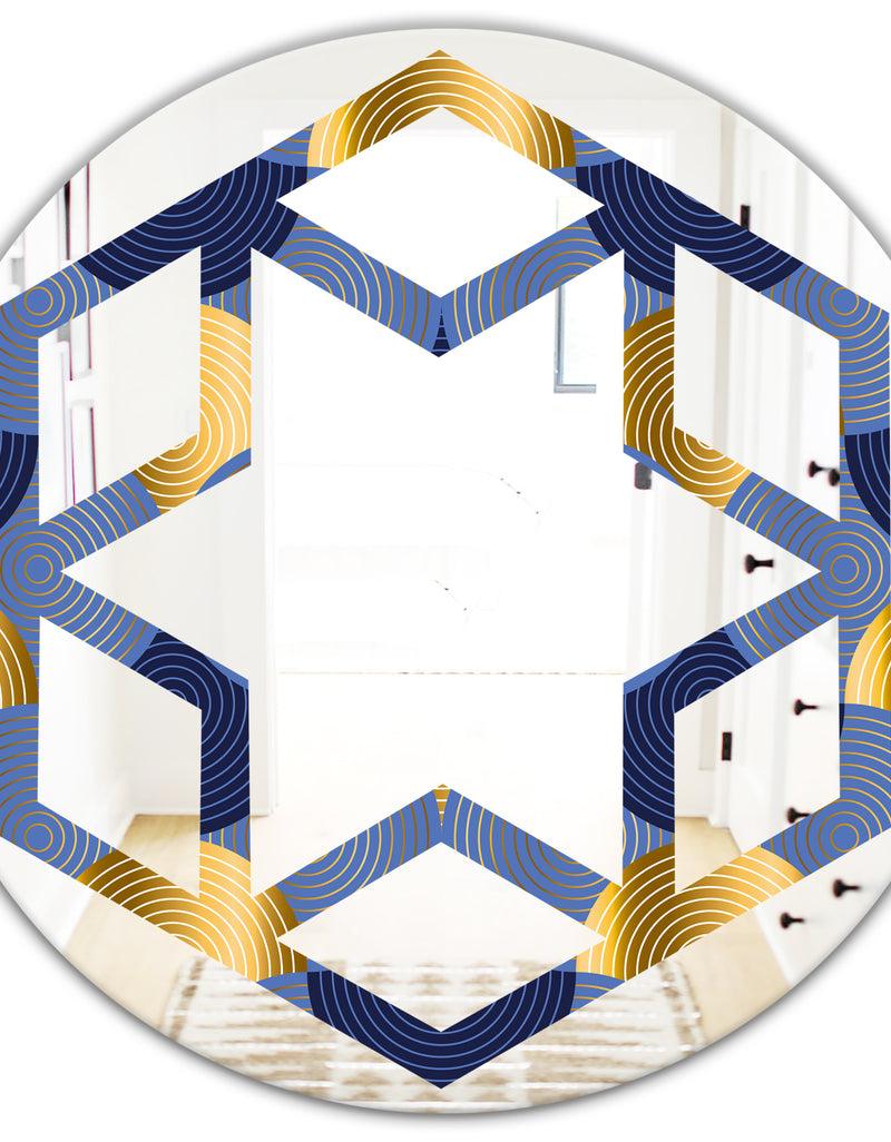 DesignQ Retro Luxury Waves In Gold And Blue VIII - Modern Round Or Oval Wall Mirror - Hexagon Star
