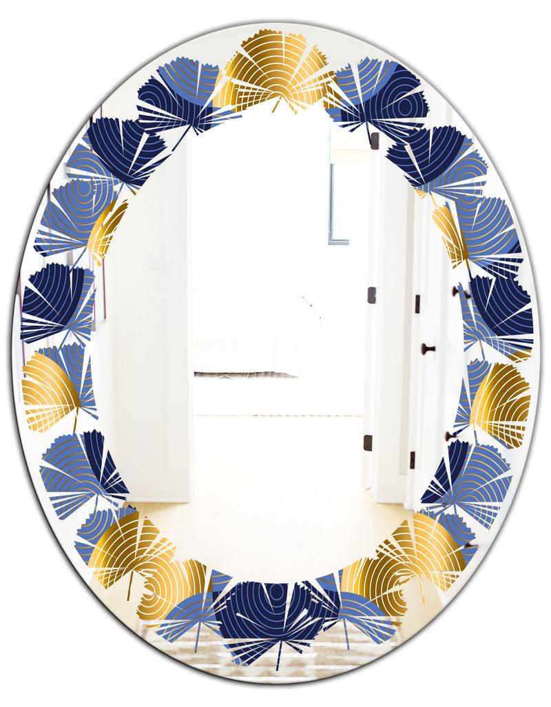 DesignQ Retro Luxury Waves In Gold And Blue VIII - Modern Round Or Oval Wall Mirror - Leaves