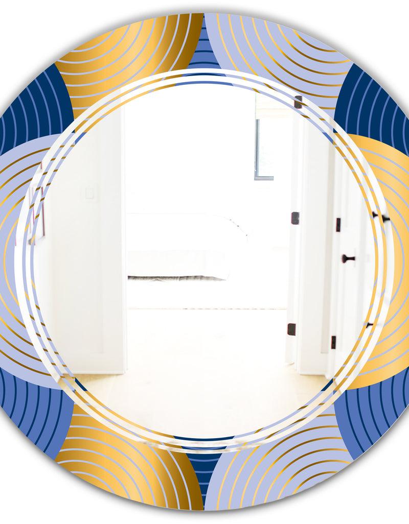 DesignQ Retro Luxury Waves In Gold And Blue X - Modern Round Or Oval Wall Mirror - Triple C