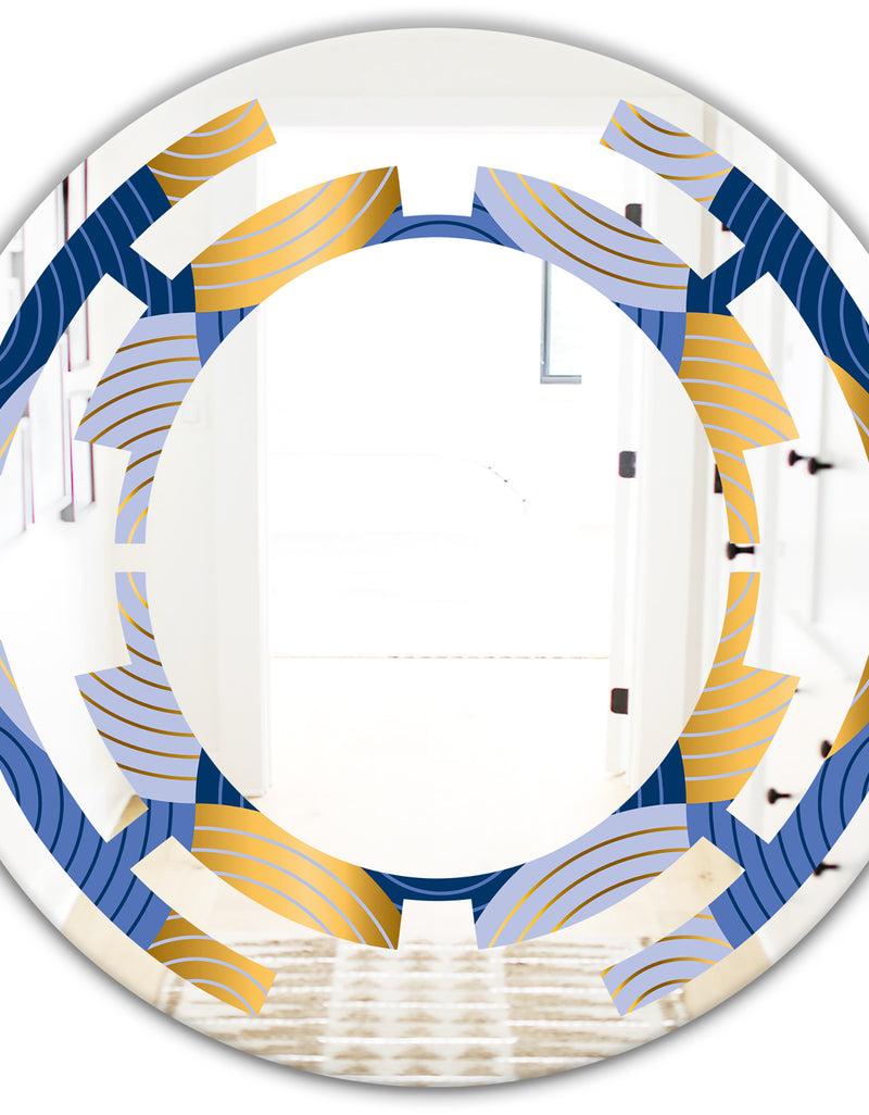 DesignQ Retro Luxury Waves In Gold And Blue X - Modern Round Or Oval Wall Mirror - Space