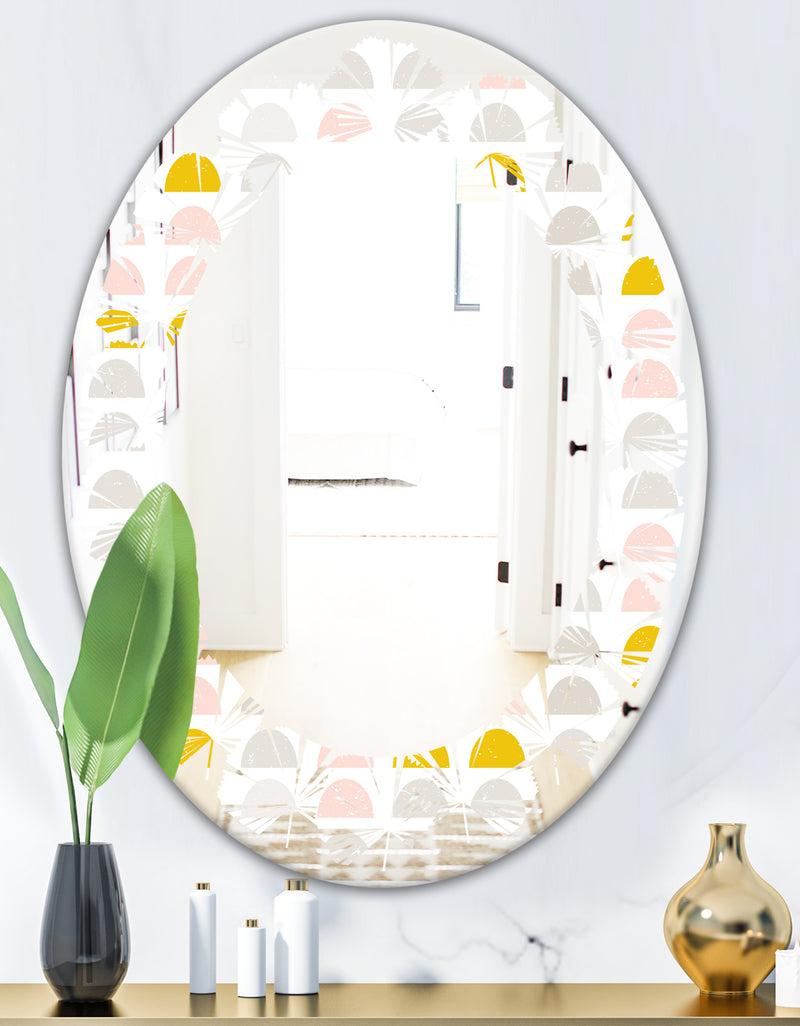 DesignQ Retro Pastel Circular Pattern III - Modern Round Or Oval Wall Mirror - Leaves
