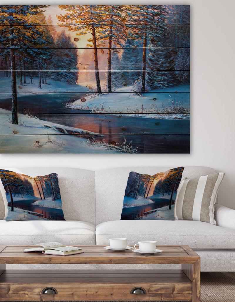 DesignQ River in Sunset Winter Forest - Landscapes Painting Print on Natural Pine Wood
