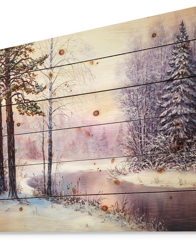 DesignQ River In Winter Landscape - Landscapes Painting Print On Natural Pine Wood