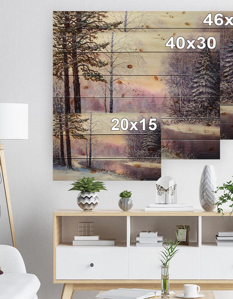 DesignQ River In Winter Landscape - Landscapes Painting Print On Natural Pine Wood
