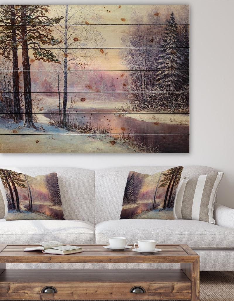 DesignQ River in Winter Landscape - Landscapes Painting Print on Natural Pine Wood
