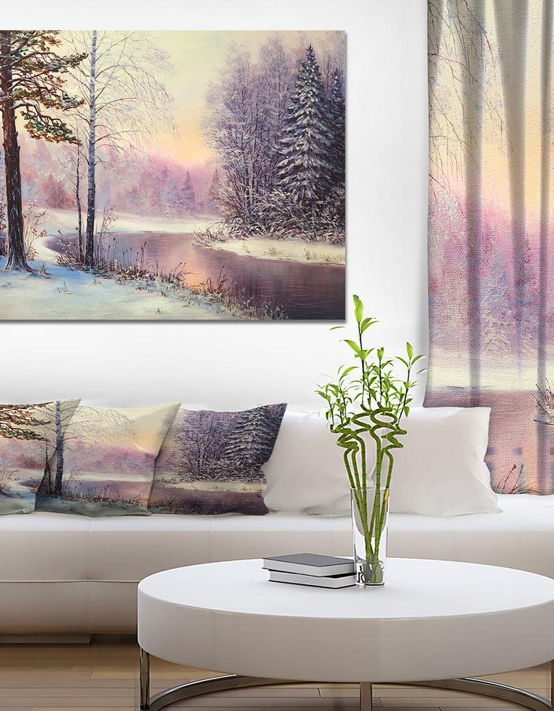DesignQ River in Winter Landscape - Landscapes Painting Print on Wrapped Canvas