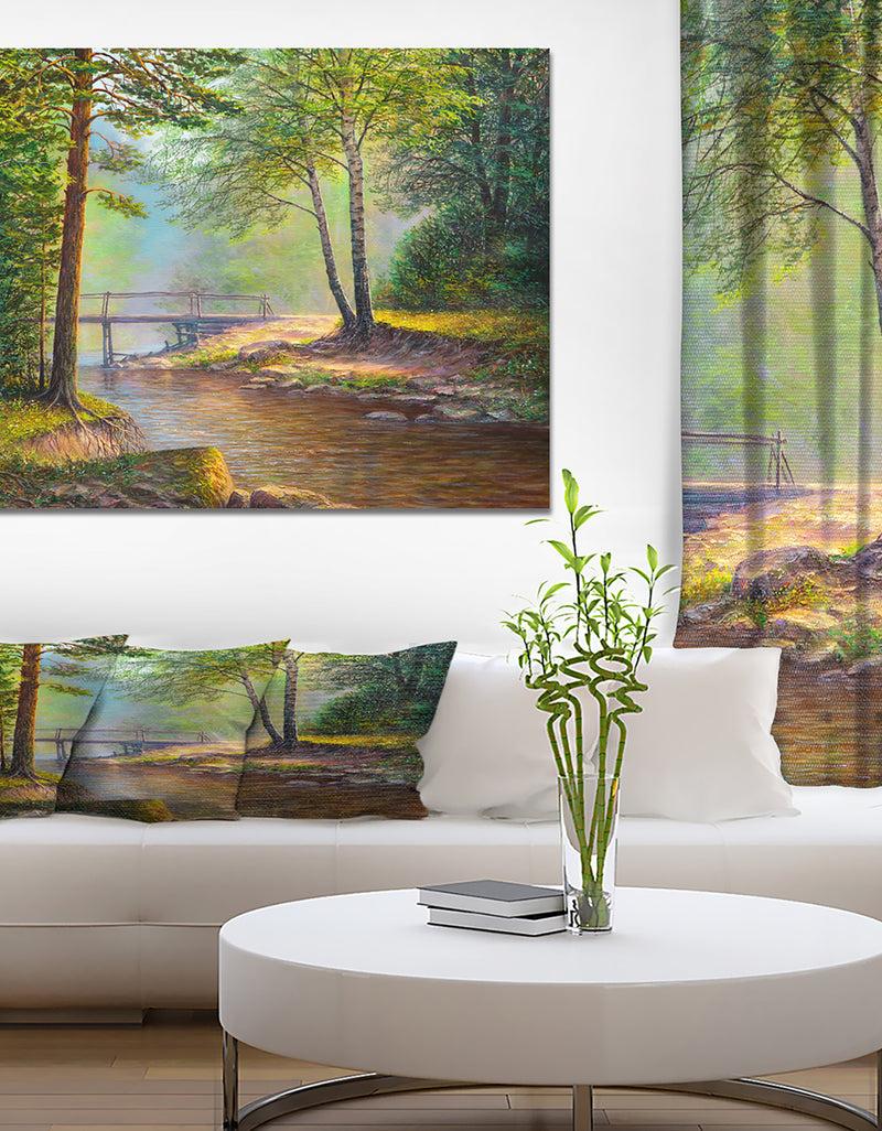 DesignQ River With Bridge in Summer Forest - Landscapes Painting Print on Wrapped Canvas