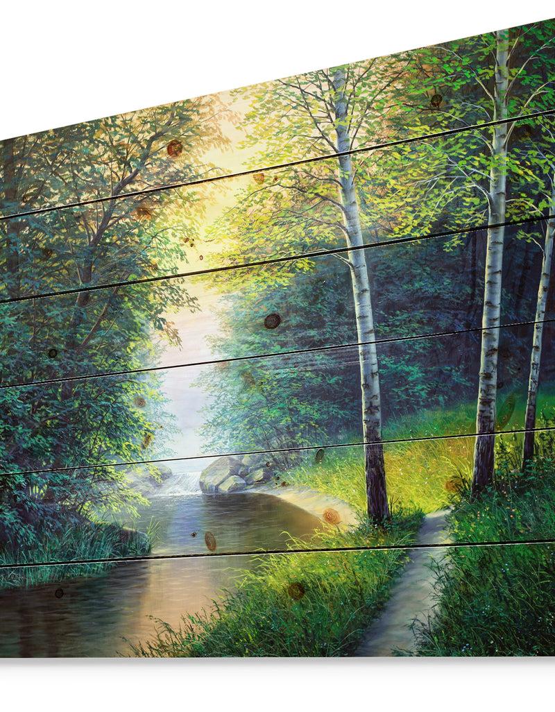 DesignQ River With Waterful - Landscapes Painting Print On Natural Pine Wood
