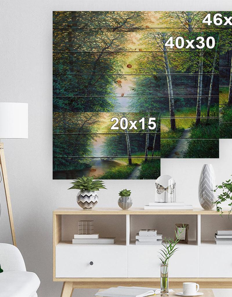 DesignQ River With Waterful - Landscapes Painting Print On Natural Pine Wood
