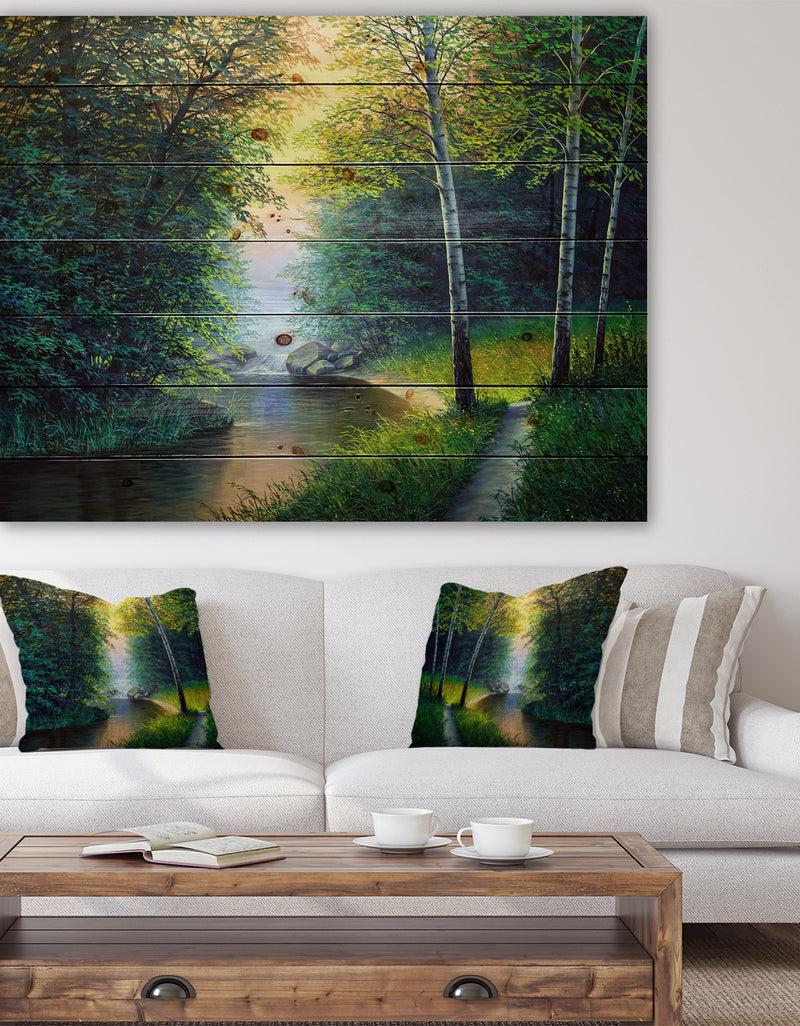 DesignQ River with Waterful - Landscapes Painting Print on Natural Pine Wood