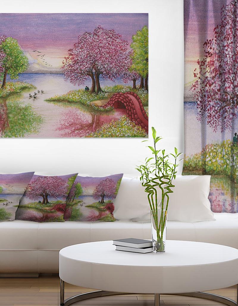 DesignQ Romantic Lake In Pink And Green - Extra Large Wall Art Landscape
