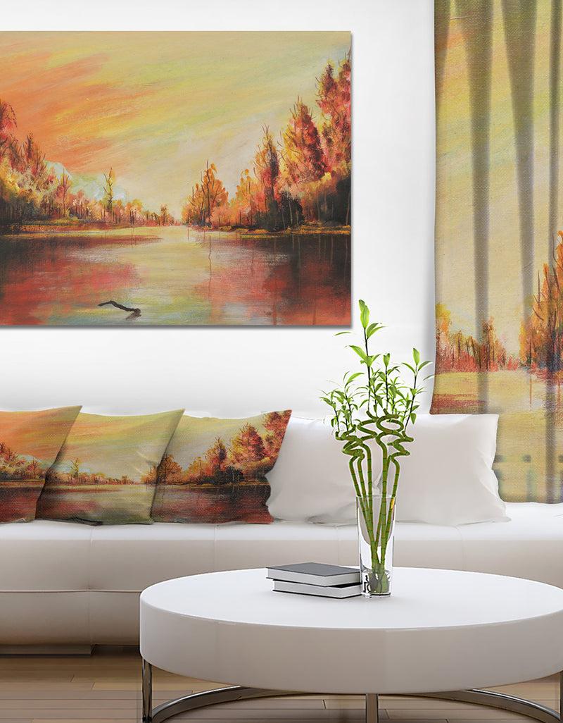 DesignQ Romantic on Sunset River - Landscapes Painting Print on Wrapped Canvas