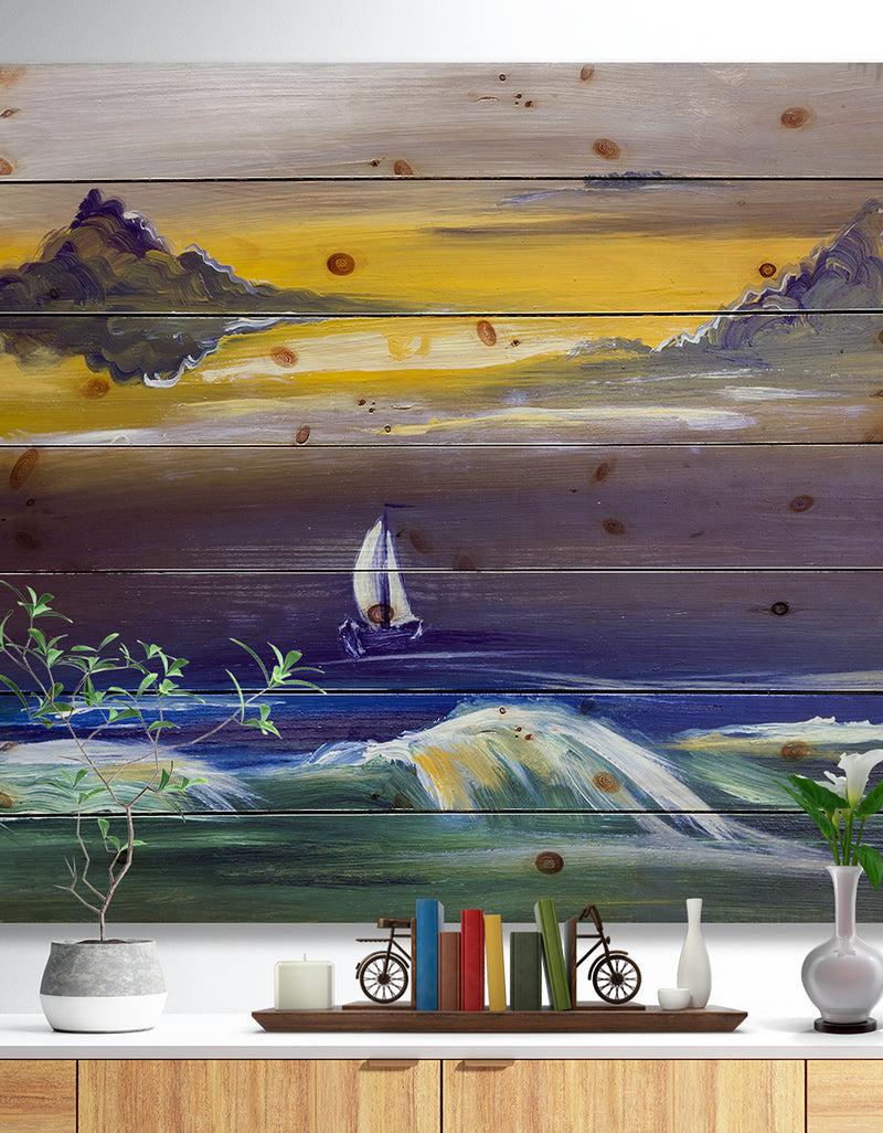 DesignQ Sailing yacht in storm - Sea & Shore Painting Print on Natural Pine Wood