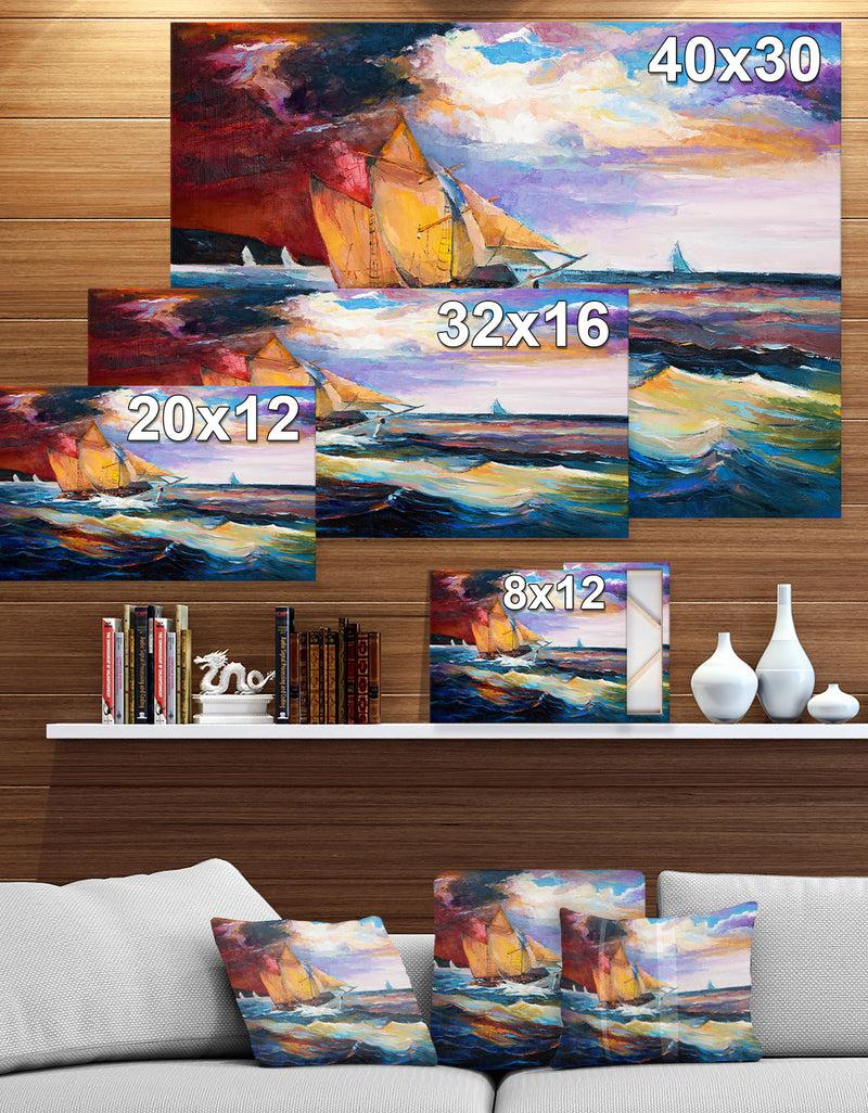 DesignQ Sailship In Sea Waves - Nautical Painting Print On Wrapped Canvas