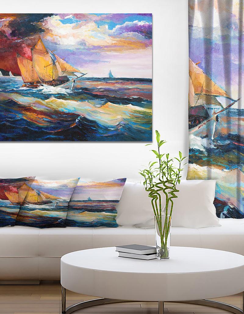 DesignQ Sailship in Sea waves - Nautical Painting Print on Wrapped Canvas
