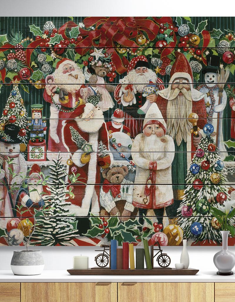 DesignQ Santa Claus Family with Christmas bear and presents - Print on Natural Pine Wood