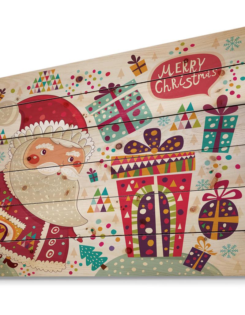 DesignQ Santa Claus With Christmas Presents - Print On Natural Pine Wood