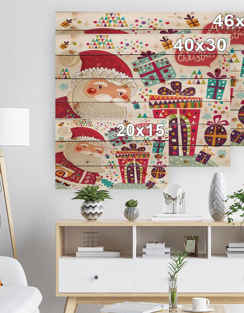 DesignQ Santa Claus With Christmas Presents - Print On Natural Pine Wood