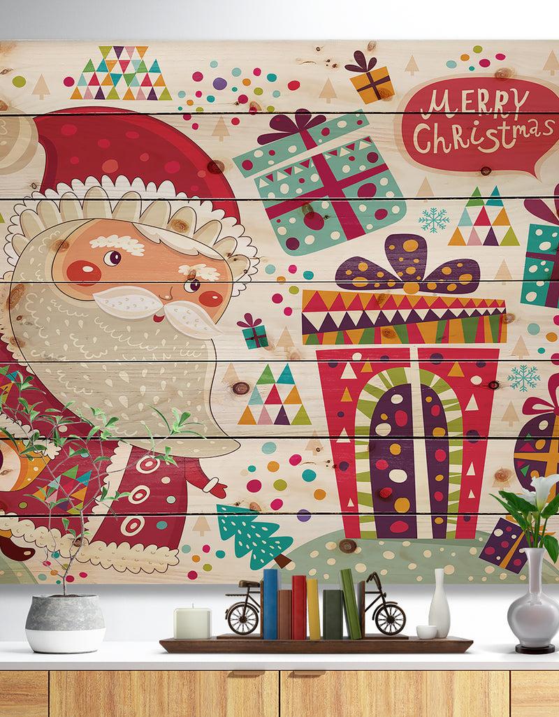 DesignQ Santa Claus with Christmas presents - Print on Natural Pine Wood