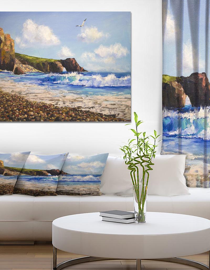 DesignQ Seagull in Sea Landscape View - Landscapes Painting Print on Wrapped Canvas