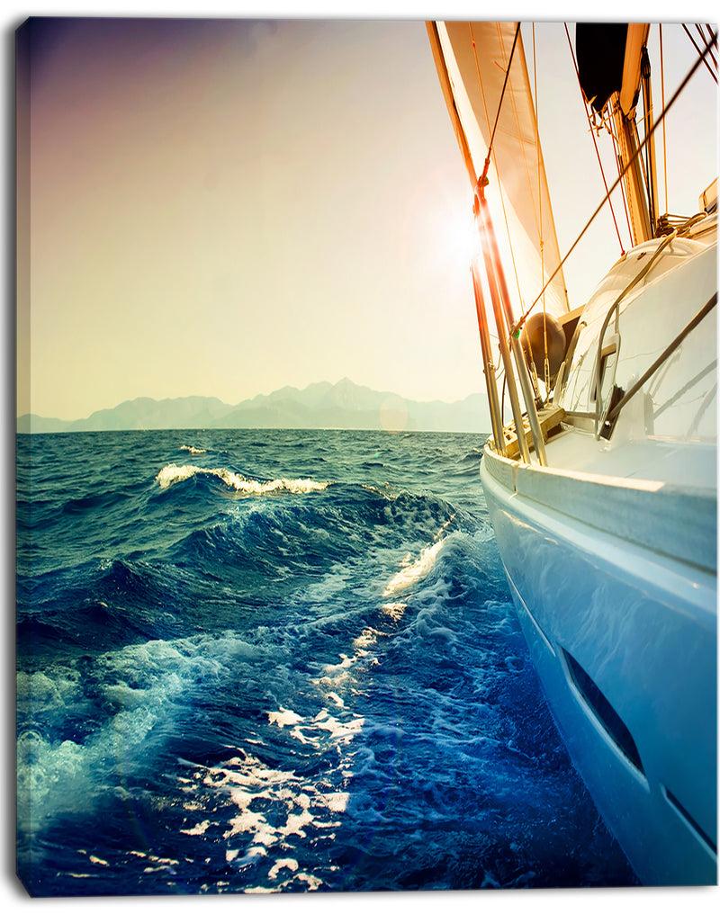 DesignQ Sepia-toned Yacht Sailing In Sea - Large Seashore Canvas Wall Art