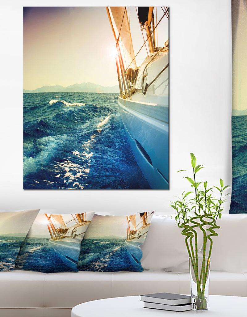 DesignQ Sepia-toned Yacht Sailing In Sea - Large Seashore Canvas Wall Art