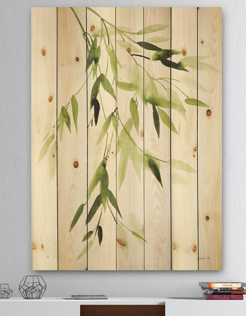 DesignQ Simplist Bamboo Leaves I - Lake House Print on Natural Pine Wood