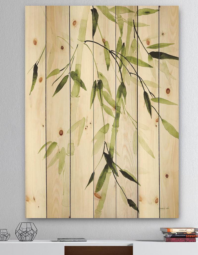 DesignQ Simplist Bamboo Leaves II - Lake House Print on Natural Pine Wood