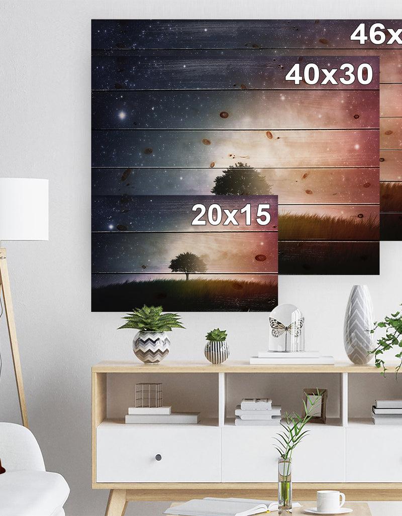 DesignQ Single Tree Space Background - Trees Print On Natural Pine Wood
