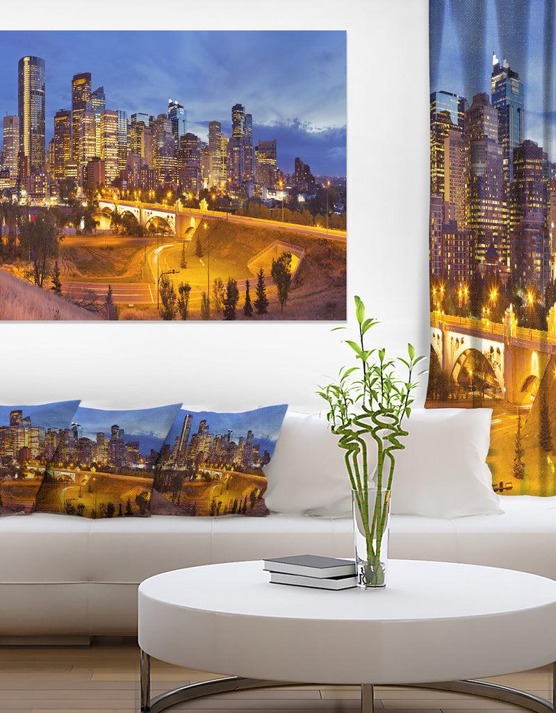 DesignQ Skyline Of Calgary At Night Panorama - Modern Cityscape Canvas Wall Art