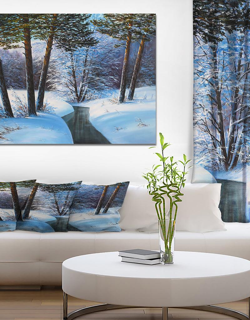 DesignQ Small River in Winter Forest - Landscapes Painting Print on Wrapped Canvas