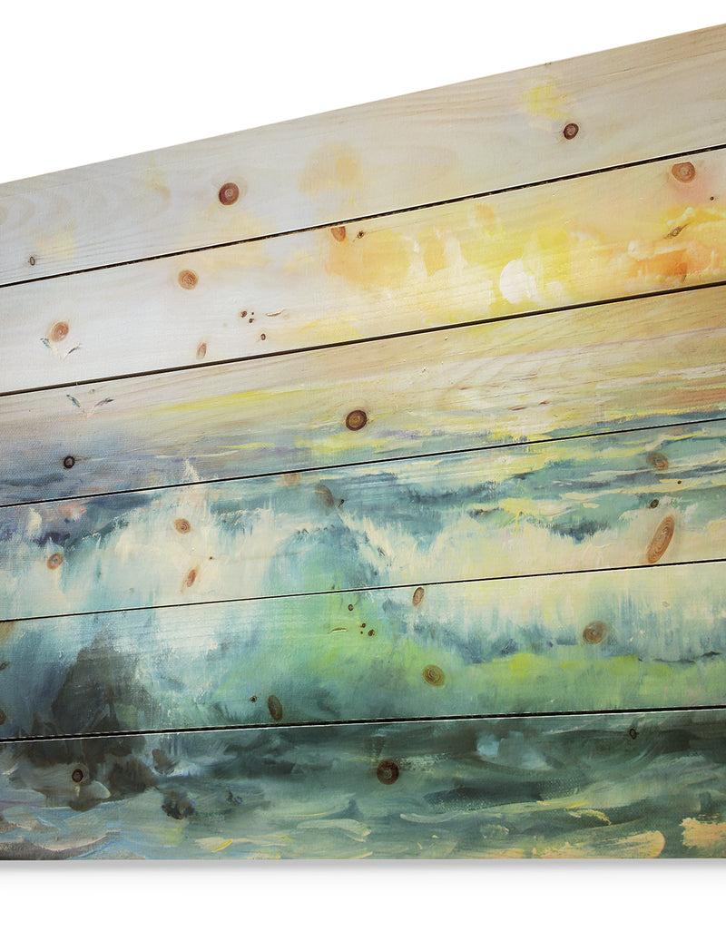 DesignQ Small Wave In Sea Sunset - Contemporary Sea & Shore Painting Print On Natural Pine Wood