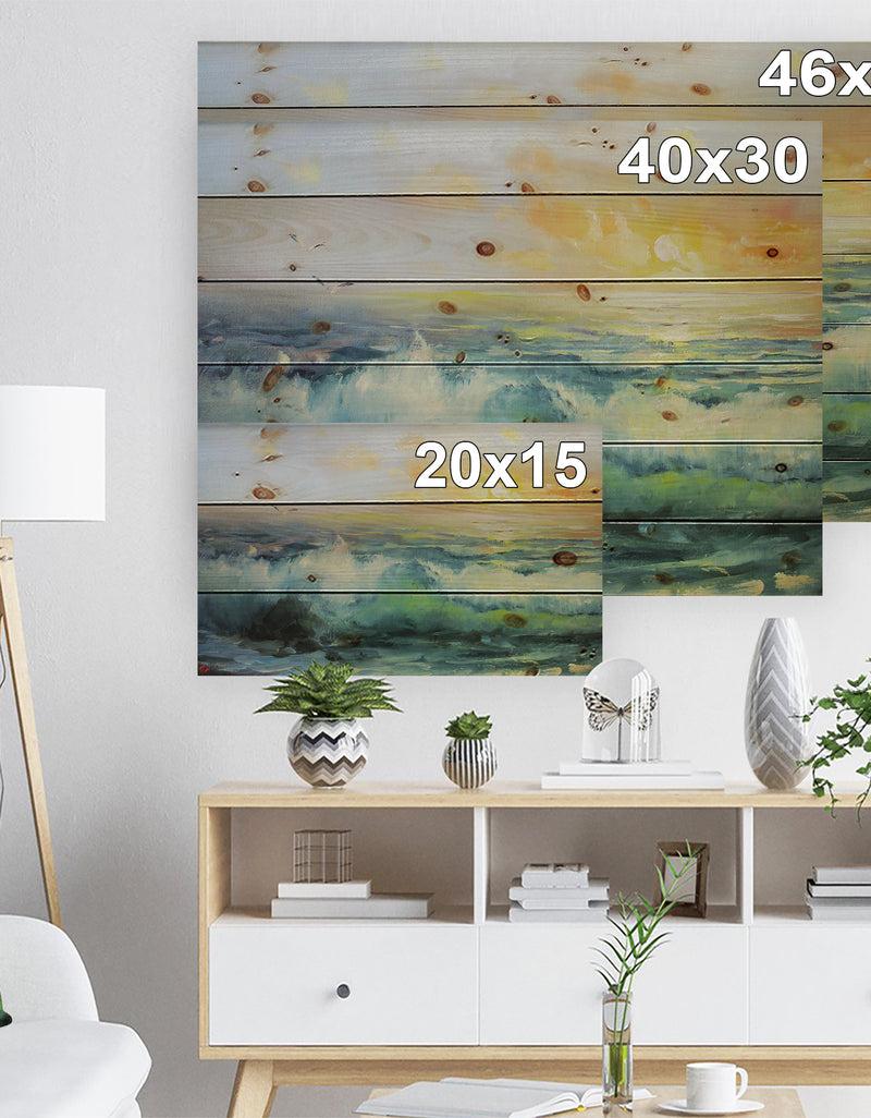 DesignQ Small Wave In Sea Sunset - Contemporary Sea & Shore Painting Print On Natural Pine Wood