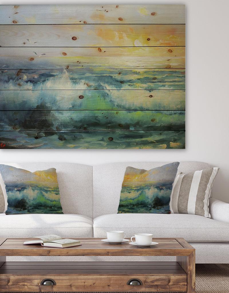 DesignQ Small Wave in Sea Sunset - Contemporary Sea & Shore Painting Print on Natural Pine Wood